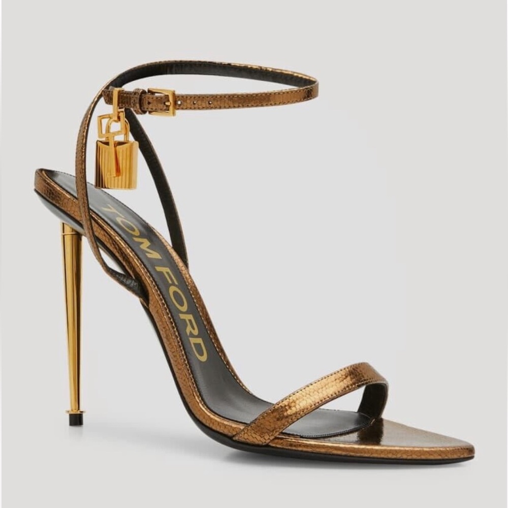 Tom Ford Metallic Bronze Padlock Stiletto Ankle Strap Sandal - Size 39